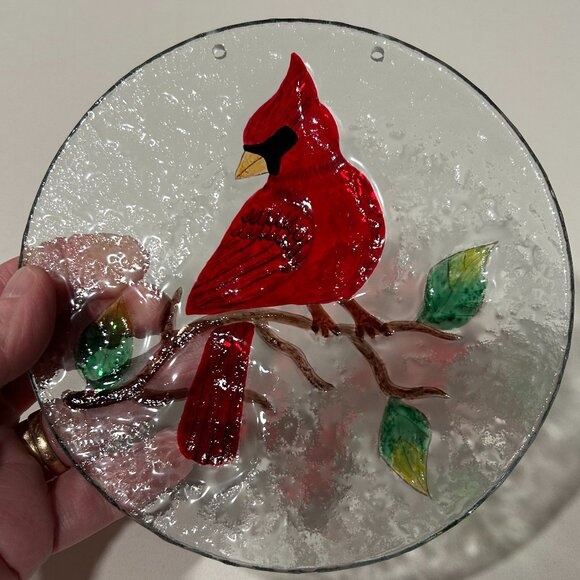 Glass suncatcher 6-inch round red cardinal bird design - Picture 3 of 3